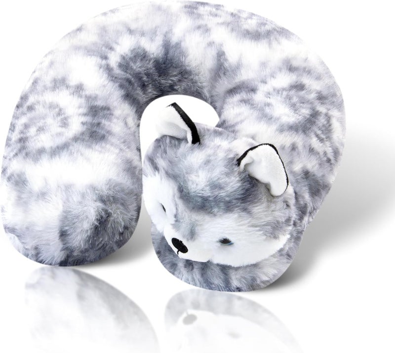 Cloudz Kids Super Soft N' Cuddly Animal Airplane Travel Neck Pillow! Keep Children Comfy and Supported with a Buddy While Traveling or just Resting at Home - Grey Wolf - Image 1